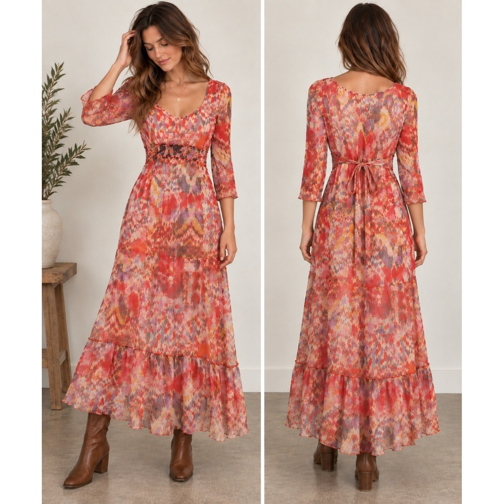 Lucky Y2K Abstract Boho Maxi Dress Small Empire Waist Sheer Overlay Peasant 70s